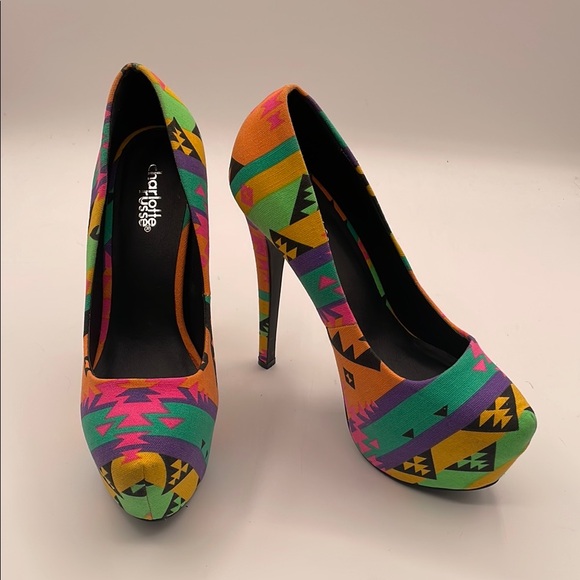 Aztec Print Platform High Heels Shoes Charlotte Russe Size 8 Colorful Canvas - Picture 15 of 15